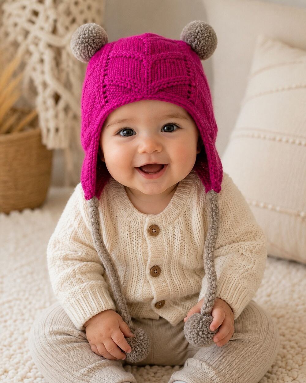 Cocoliso Handmade Baby Alpaca Knit Earflap Hat Pink Pom Pom Peru Boho Artisan